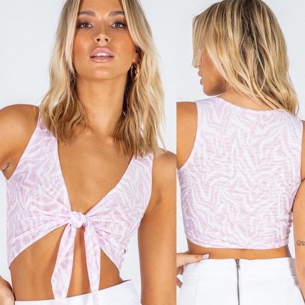 Tie front mesh zebra tank in pink and white